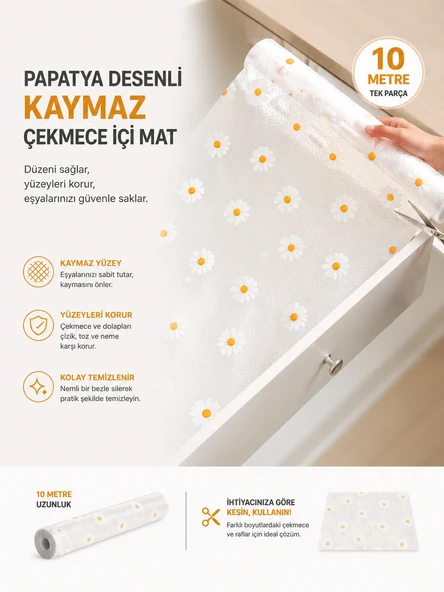Papatya Desenli Kaymaz Dolap Ve Çekmece İçi Mat 10 Metre ürün görseli 1
