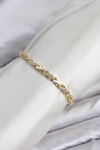 CM Çapraz Zincir Model Zirkon Taşlı VIP Seri Gold Renk Pirinç Kadın Bileklik ürün görseli 1