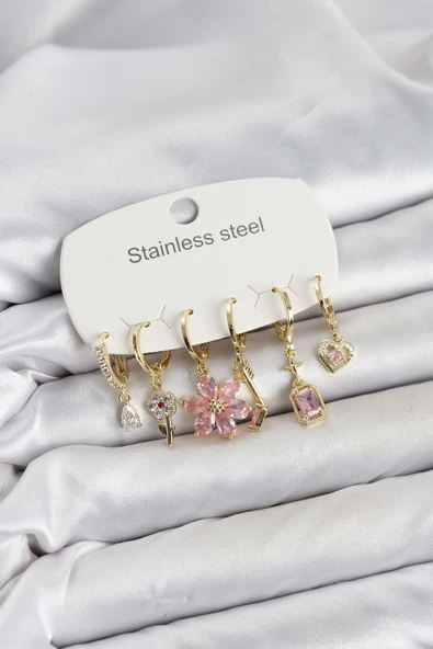 316L Çelik Gold Renk Pembe Zirkon Taşlı Lotus Detaylı Kadın Küpe Seti ürün görseli 1