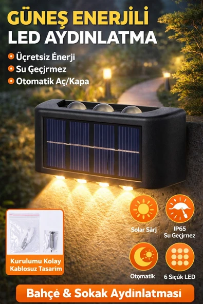 2 Adet Güneş Enerjili 6 LEDLİ Duvar & Bahçe Aydınlatması Su Geçirmez Otomatik Yanan Işık Efekti ürün görseli 1