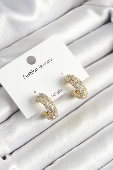 Pirinç Zirkon Taşlı Halka Model Gold Renk Kadın Küpe ürün görseli 1
