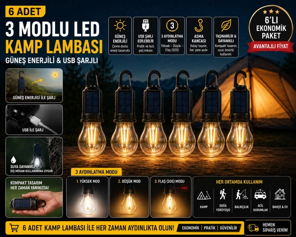 6 ADET Güneş Enerjili USB Şarjlı 3 Modlu LED Asma Kancalı Taşınabilir Kamp Feneri Aydınlatma Lambası ürün görseli 1