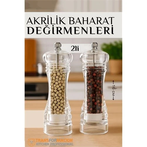 Baharat Öğütücü - Baharat Karabiber Tuz Değirmeni Ahşap Akrilik Kristal 2 li SET 721773 ürün görseli 1