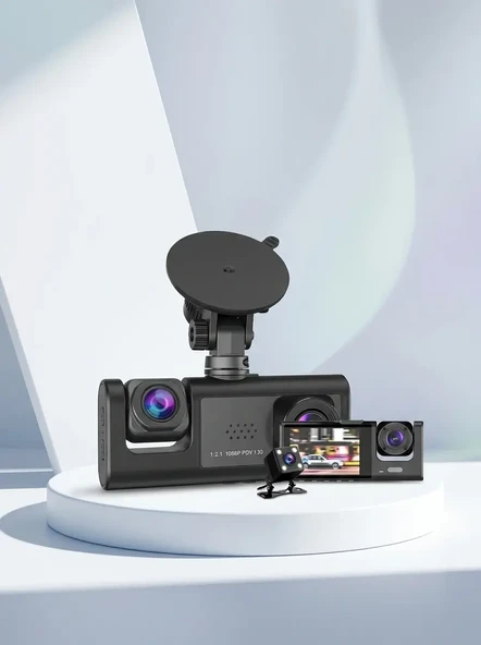 Oto Araç İçi Kamera 3 Kameralı Full HD Ön Arka İç Kayıt Dashcam ürün görseli 1