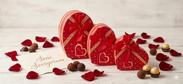 Sevdiklerinizi Mutlu Etmenin En Güzel Yolu 3'lü Kalp Hediye Kutu Seti I Love You Kalp Desen Kırmızı ürün görseli 1