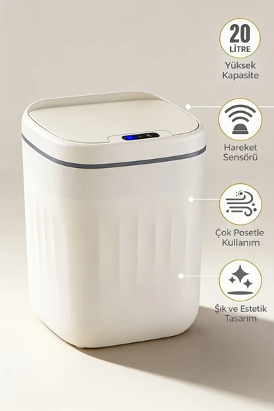 20 Litre Hareket Sensörlü Akıllı Çöp Kovası Beyaz - Resim 5