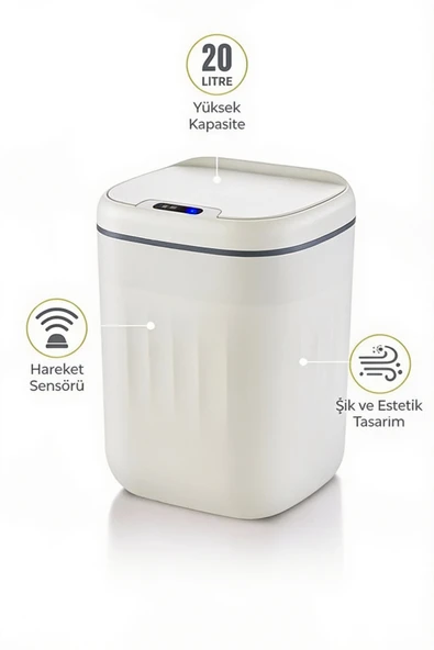 20 Litre Hareket Sensörlü Akıllı Çöp Kovası Beyaz - Resim 3