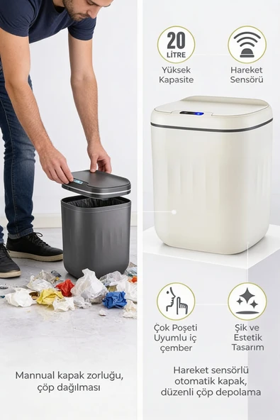 20 Litre Hareket Sensörlü Akıllı Çöp Kovası Beyaz - Resim 2