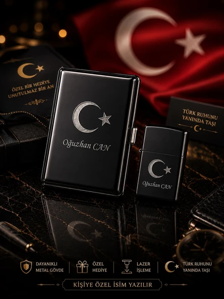İsime Kişiye Özel Ay Yıldız Bayrak Lazer İşlemeli Tabaka ve Benzinli Metal Çakmak Seti Dolu Gönderim ürün görseli 1