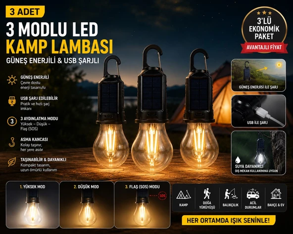 3 ADET Güneş Enerjili USB Şarjlı 3 Modlu LED Asma Kancalı Taşınabilir Kamp Feneri Aydınlatma Lambası ürün görseli 1