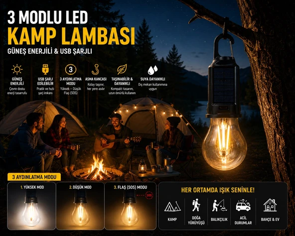 Güneş Enerjili ve USB Şarjlı 3 Modlu LED Asma Kancalı Taşınabilir Kamp Feneri Aydınlatma Lambası ürün görseli 1