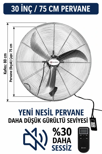 MUZEKO MZK750 30İNÇ 75CM GÜMÜŞ RENK KUMANDALI DUVAR TİPİ SANAYİ VANTİLATÖR EV İÇİN UYGUN DEĞİLDİR ürün görseli 1