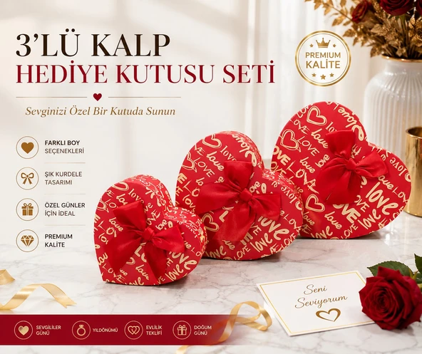 Sevdiklerinizi Mutlu Etmenin En Güzel Yolu 3'lü Kalp Hediye Kutu Seti Love Yazılı Kırmızı ürün görseli 1
