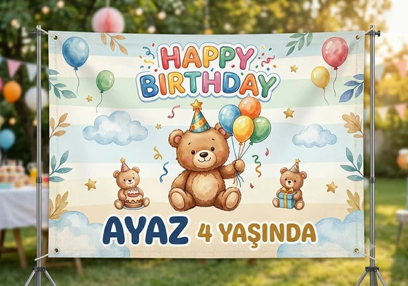 Ayıcık Temalı Kişiye Özel Doğum Günü Brandası - 100x70 cm Ayaz 4 Yaşında Parti Afişi ürün görseli 1
