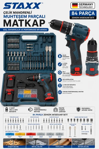 84 Parça Çelik Mandrenli Brushless Şarjlı Matkap Seti 18V x2 Çift Akülü Vidalama ve Delme Makinesi ürün görseli 1