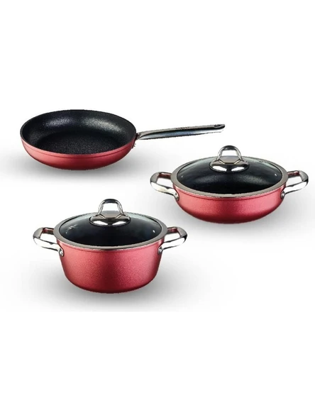 Leggno Master Daily Metalik Kırmızı 5 Parça Tencere Set (22 cm Derin Tencere + 26 cm Sığ Tencere + 26 cm Tava) ürün görseli 1
