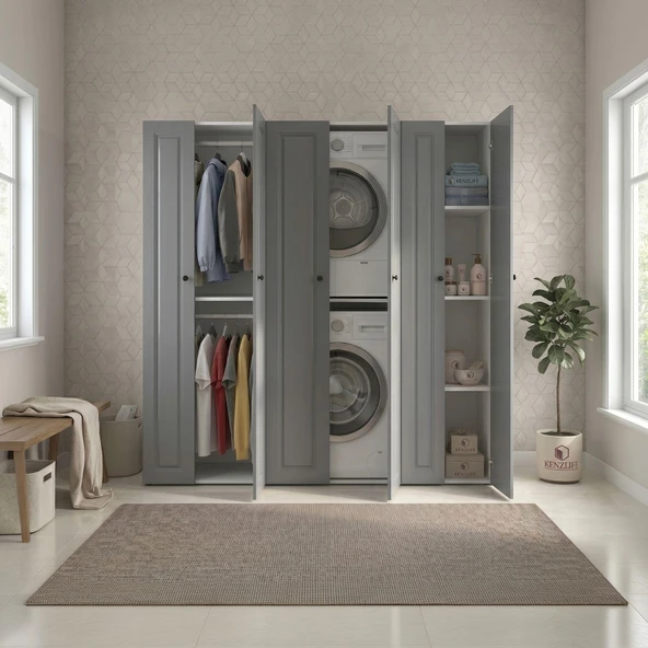 Kenzlife membran çamaşır-kurutma makinesi dolabı ve giysi dolabı suyuti sağ gribyz çerçeve 180*170*60 mebran kapak MDF gövde banyo ürün görseli 1