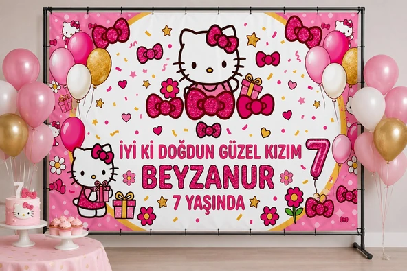Kişiye Özel Hello Kitty Doğum Günü Afişi - 70 cm x 100 cm Kız Çocuk Doğum Günü Branda ürün görseli 1