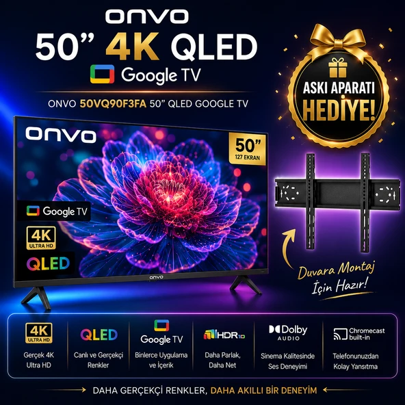 Onvo 50VQ90F3FA QLED Android Smart Tv Hdr Destekli Netflix & Youtube Bluetooth  Wifi  Askı Aparatı Hediyeli ürün görseli 1