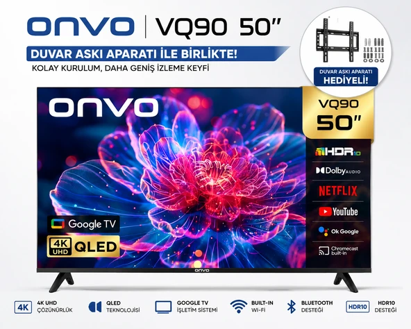 ONVO  50VQ90F3UA 50 127 Ekran Google TV QLED  HDR10  Bluetooth  Wi-Fi  Duvar Askı Aparatı Dahil ürün görseli 1