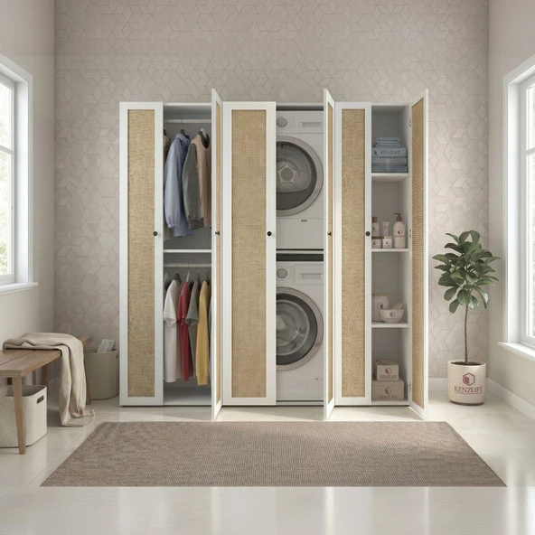 Kenzlife çamaşır-kurutma makinesi dolabı ve giysi dolabı suyuti sağ mat beyaz 180*170*60 jut kare kapak MDF gövde ürün görseli 1