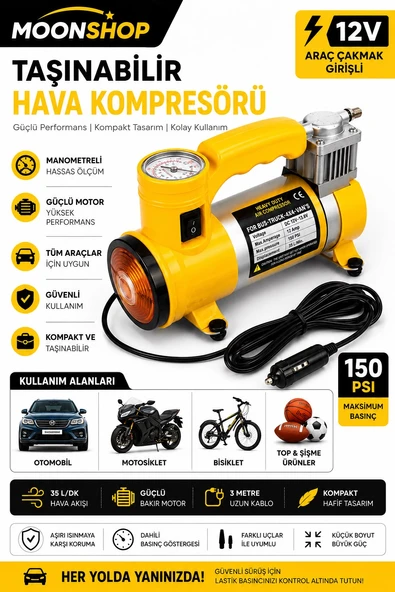 Moonshop 12V Araç Hava Kompresörü 150 PSI Taşınabilir Lastik Şişirme Pompası Çakmak Girişli Oto Hava Basınç Cihazı ürün görseli 1