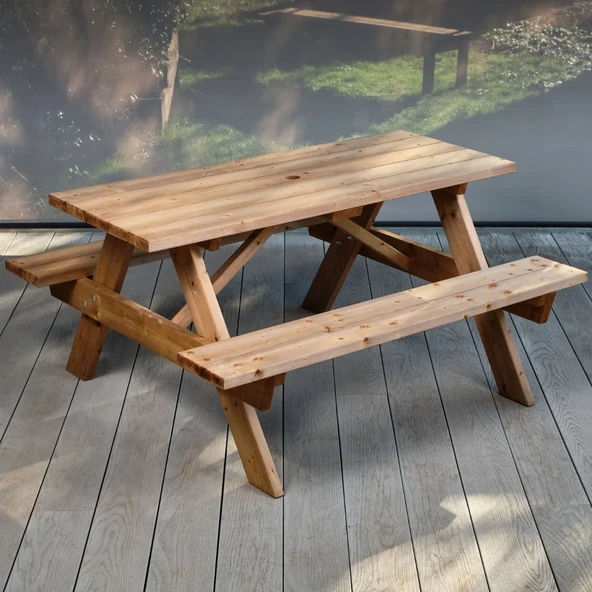 iAhşap 6 Kişilik Ticari Tip Fırınlanmış Emprenyeli Ahşap Piknik Masası - 150 cm ürün görseli 1