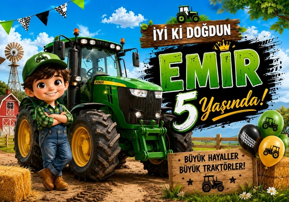 Kişiye Özel Traktör Temalı Doğum Günü Brandası 70X100 cm ürün görseli 1