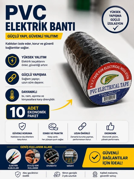 PVC ELEKTRİK BANDI 10 ADET ürün görseli 1