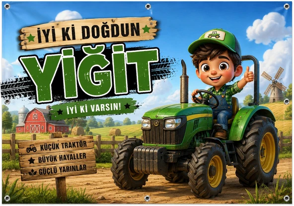 Traktör Temalı Kişiye Özel Doğum Günü Brandası 100x70 cm ürün görseli 1