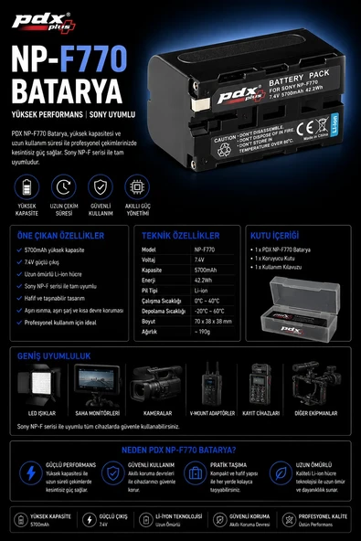 PDX NP-F770 Batarya Yüksek Performans Sony Uyumlu ürün görseli 1
