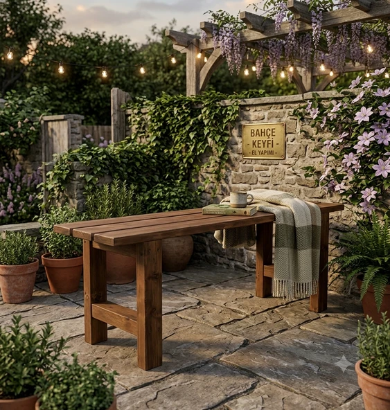 iAhşap 30x100 cm Masif Ahşap Bank - Fırınlanmış Çam, Ceviz Renk, El İşçiliği ürün görseli 1