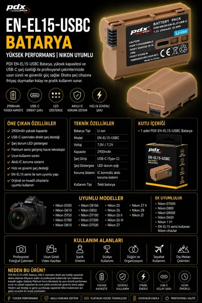 PDX EN-EL15-USBC Batarya Yüksek Performans Nikon Uyumlu ürün görseli 1