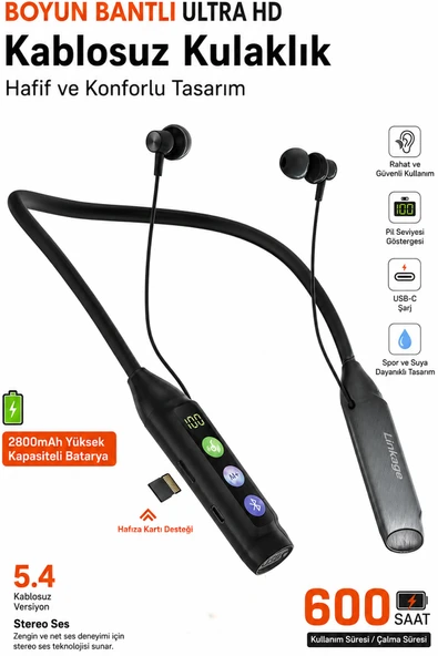 Boyun Bantlı Ultra HD Bluetooth Kablosuz Kulaklık | Type-C | Dijital Ekran | TF Kart | 2800 mAh 600 Saat ürün görseli 1