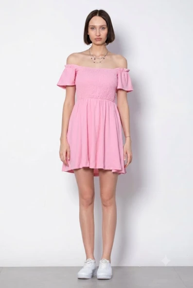 Puf Kollu Bel Büzgülü Mini Elbise pembe ürün görseli 1
