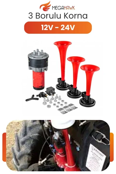 12V 24V Korna Seti Kompresörlü 3 Borulu Korna Havalı Korna Yüksek Ses ürün görseli 1