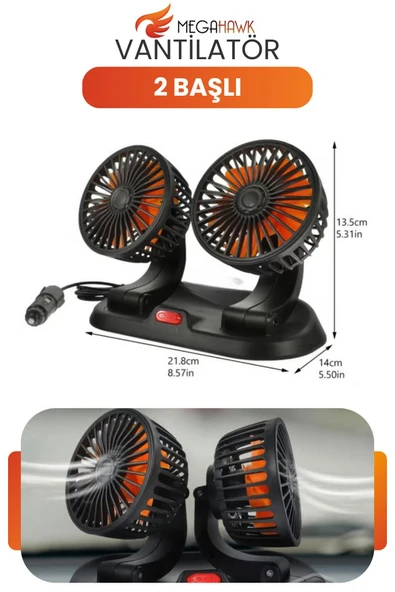 Çift Başlı Araç İçi Vantilatör 12V Çakmak Girişli Ayarlanabilir Oto Fan ürün görseli 1