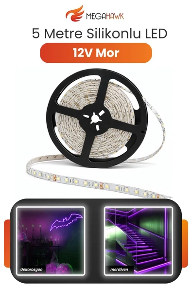 12V Dış Mekan M/60 2835 Mor LED Şerit – 5 Metre, Kesilebilir ve Eklenebilir ürün görseli 1
