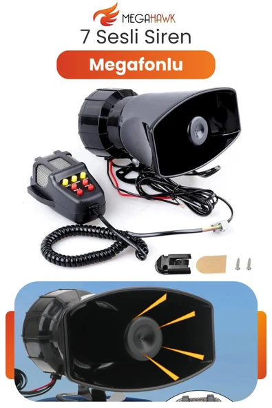 Araç İçi Siren Megafonlu 12V 7 Sesli Anonslu Siren Korna Seti Mikrofonlu ürün görseli 1