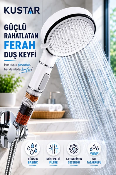 Yeni Nesil 5 Fonksiyonlu Filtreli Duş Başlığı Yüksek Basınçlı Tasarruflu Duş Başlığı Stop Butonlu Kireç Önleyici Mineral Filtreli 12 cm ürün görseli 1