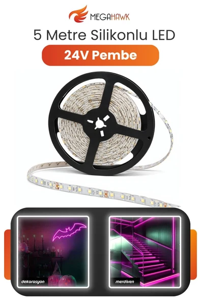 24V Dış Mekan M/60 2835 Pembe LED Şerit – 5 Metre, Kesilebilir ve Eklenebilir ürün görseli 1