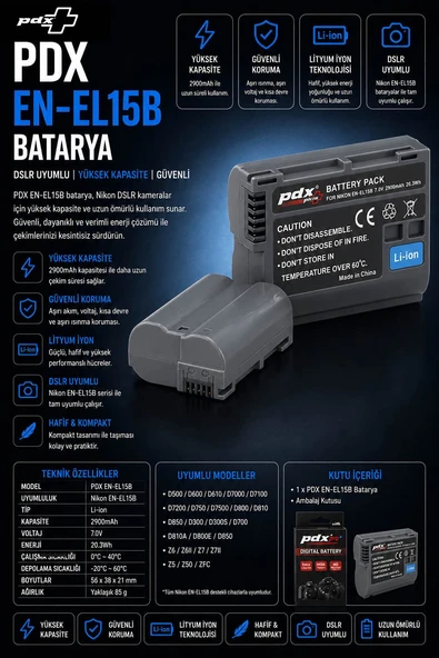 PDX Nikon EN-EL15B Batarya  DSLR Uyumlu  Yüksek Kapasite ürün görseli 1