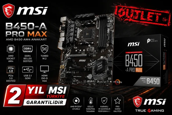 MSI B450-A PRO MAX AM4 DDR4 3466(OC) VGA DVI HDMI M.2 USB3.1 ATX ANAKART ürün görseli 1