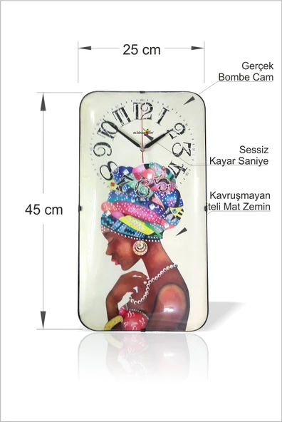 Büyük 45 cm Kare Dikdörtgen Geometrik Bombe Gerçek Camlı Sessiz Kayar Saniyeli Siyahi Afrikalı Kadın Duvar Saati ürün görseli 1