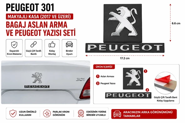 Peugeot 301 Makyajlı Kasa Bagaj Aslan Arması ve Peugeot Yazısı Krom Seti 2017 ve Üzeri Uyumlu ürün görseli 1
