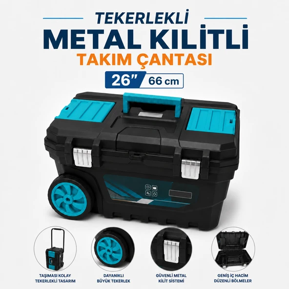 Metal Kilitli Büyük Boy 26 İnç 66 cm Organizerli Takım Çantası Plastik Alet Çantası Saklama Kutusu ürün görseli 1