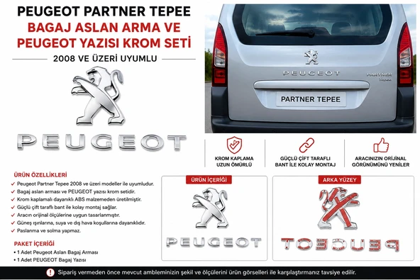 Peugeot Partner Tepee Bagaj Aslan Arması ve Peugeot Yazısı Krom Seti 2008 ve Üzeri Uyumlu ürün görseli 1