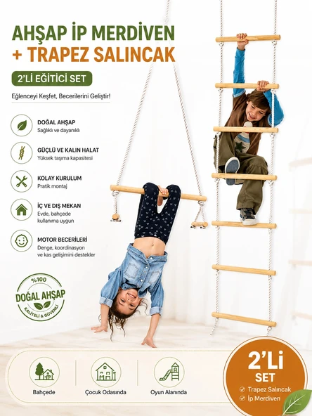 Montessori Ahşap İp Merdiven 6 Basamak + Trapez Salıncak 2'li Set | Çocuk Tırmanma Oyuncağı | Duyu Bütünleme | Jimnastik ürün görseli 1