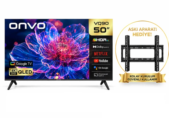 Onvo 50VQ90F3UA 4K Ultra HD 50" 127 Ekran Uydu Alıcılı Google Smart QLED TV Askı Aparatı Hediye ürün görseli 1