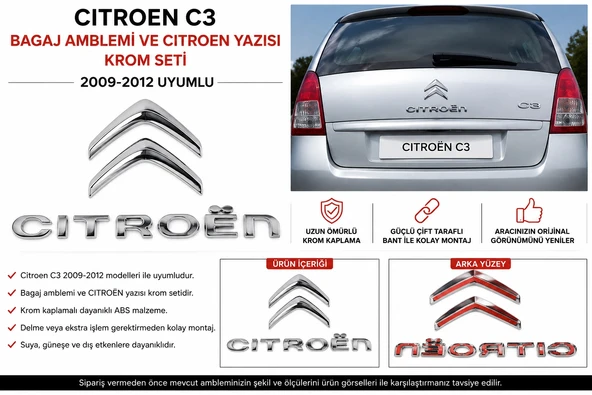 Citroen C3 Bagaj Amblemi ve Citroen Yazısı Krom Seti 2009-2012 Uyumlu ürün görseli 1